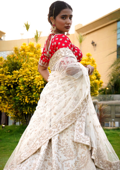 Off White Color Raw Silk Hand Work Bridal Lehenga