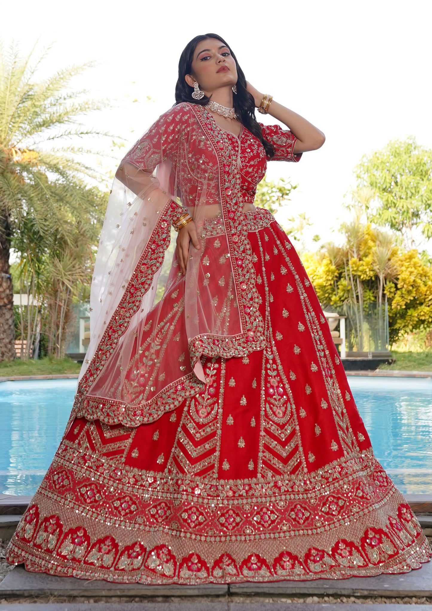 Latest Design Red Color Raw Silk Hand Work Lehenga For Bride