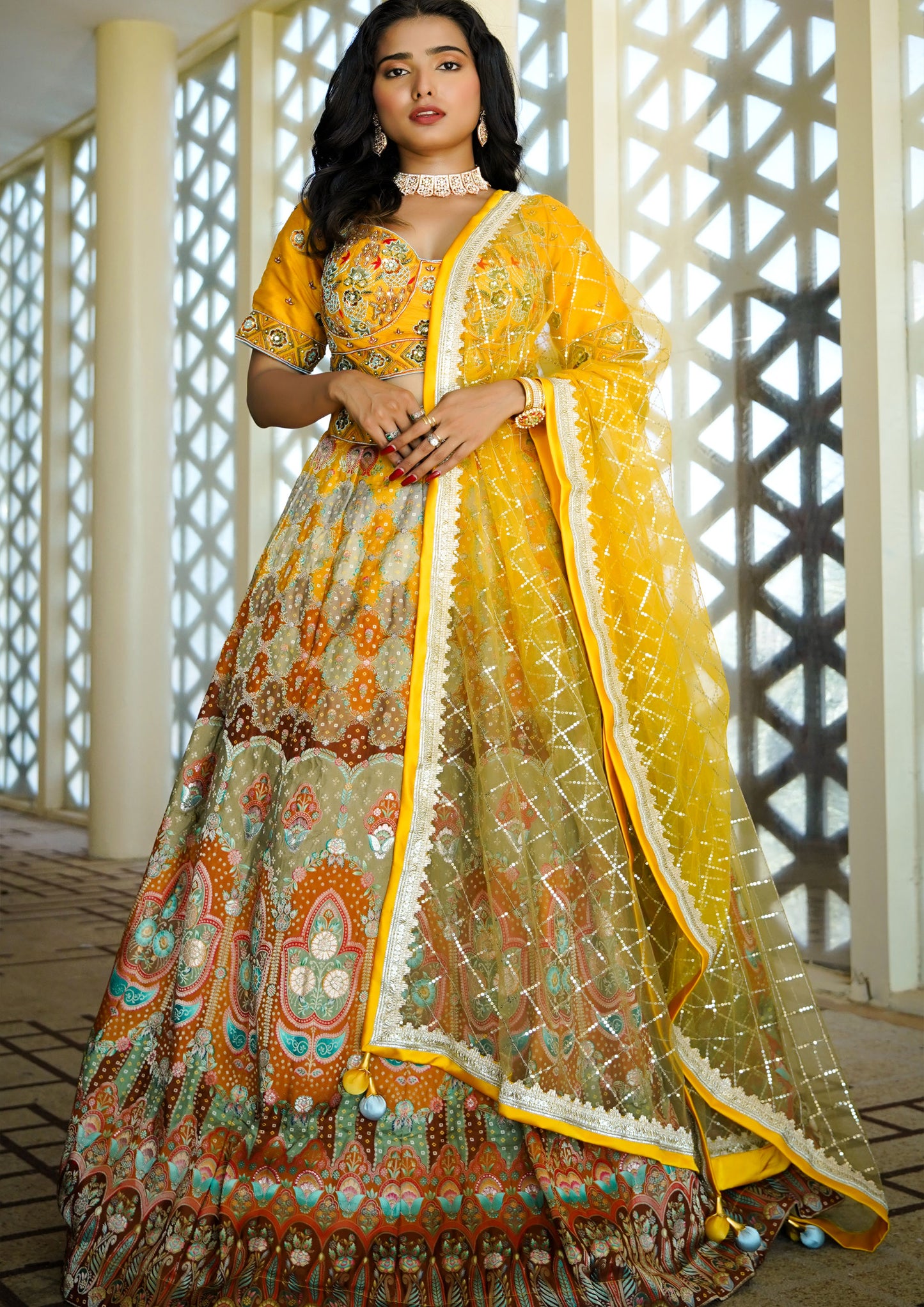 Mustard Color Banarasi Silk Printed Lehenga Choli