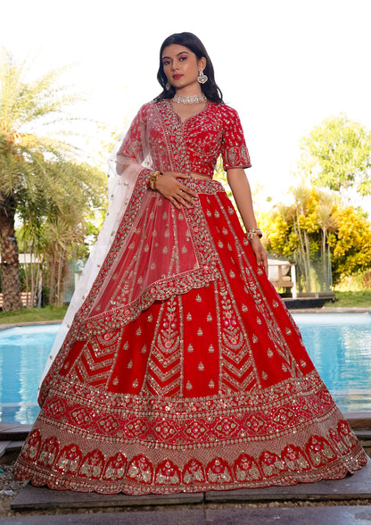 Latest Design Red Color Raw Silk Hand Work Lehenga For Bride