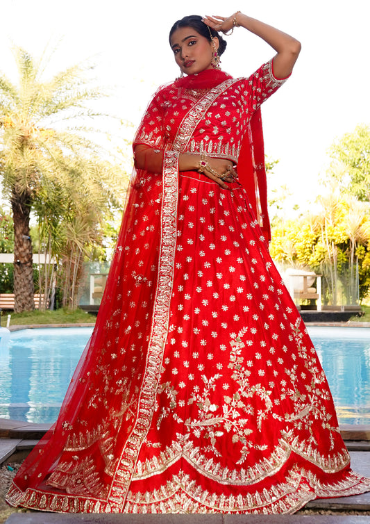 Adorable Red Color Raw Silk Hand Work Bridal Lehenga Choli