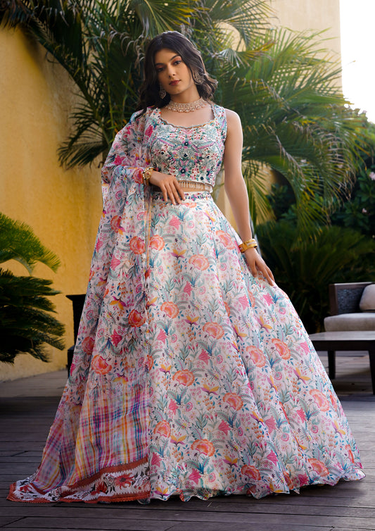 Multi Color Organza Digital Printed Lehenga