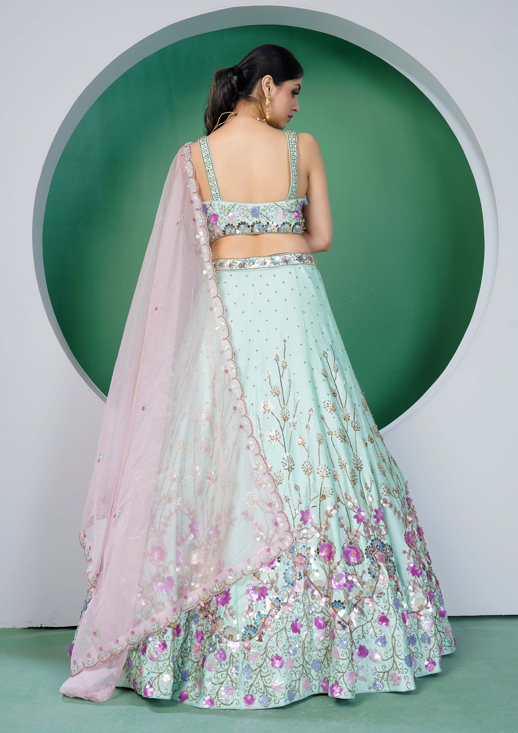 Sea Green Color Hand Work Silk Lehenga For Wedding