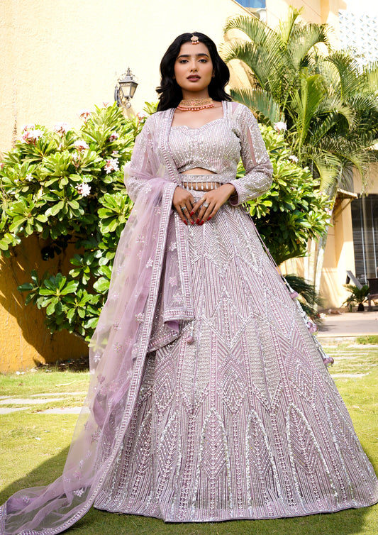Lavender Color Net Sequins Work Lehenga For Wedding