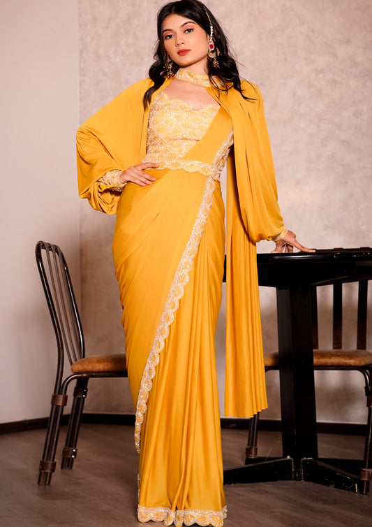 Designer Mustard Color Crepe Silk Hand Work Readymade Saree