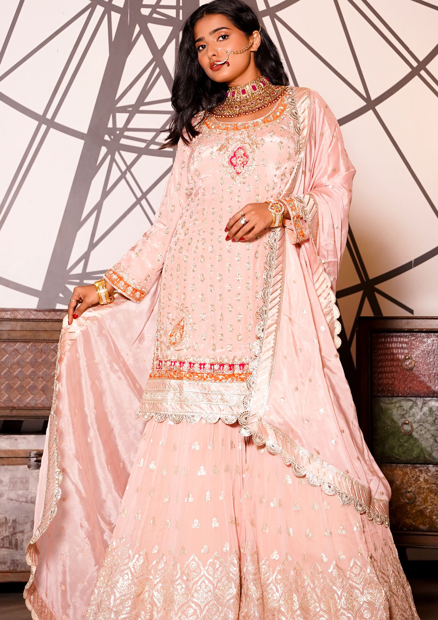 Peach Color Crepe Silk Heavy Work Sharara Suit