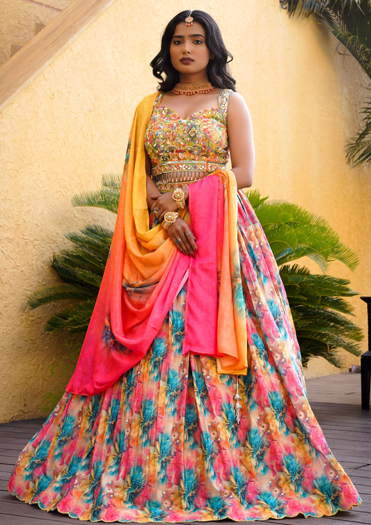 Multi Color Chinnon Silk Floral Printed Lehenga Choli