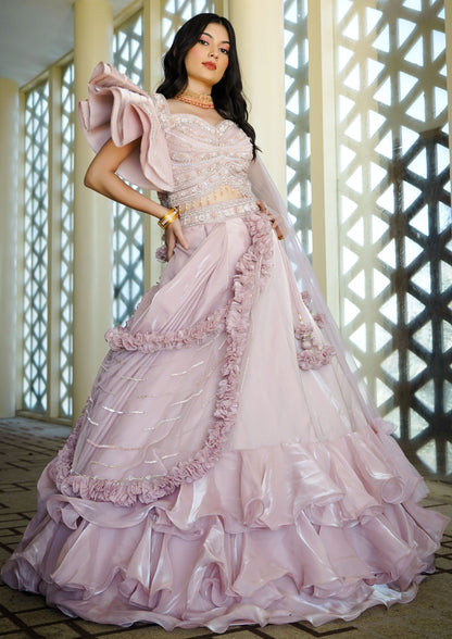 Designer Peach Color Organza Sangeet Wear Lehenga