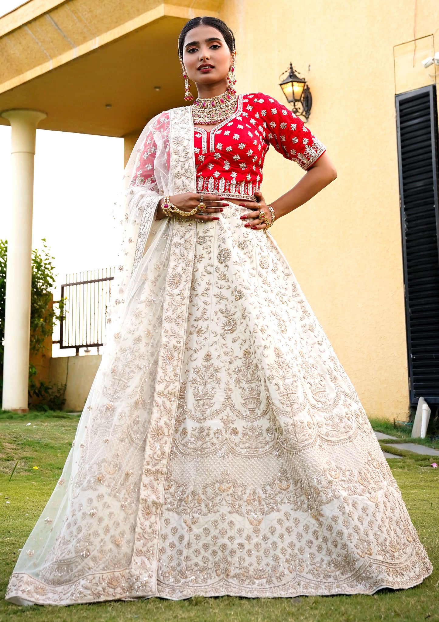 Off White Color Raw Silk Hand Work Bridal Lehenga