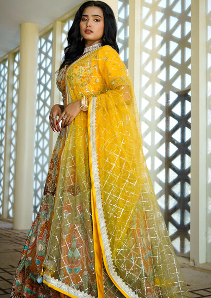 Mustard Color Banarasi Silk Printed Lehenga Choli