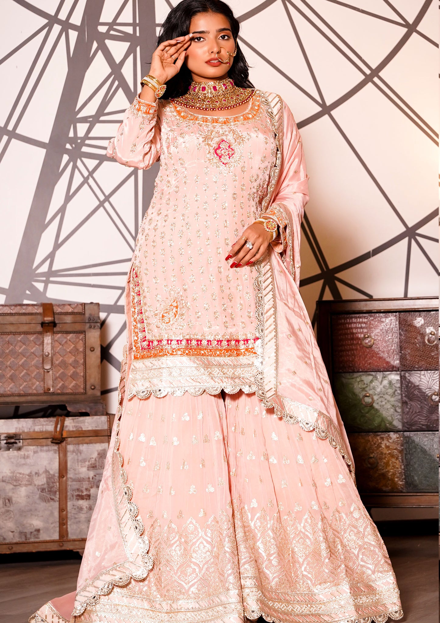 Peach Color Crepe Silk Heavy Work Sharara Suit