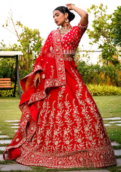 Adorable Red Color Raw Silk Bridal Lehenga