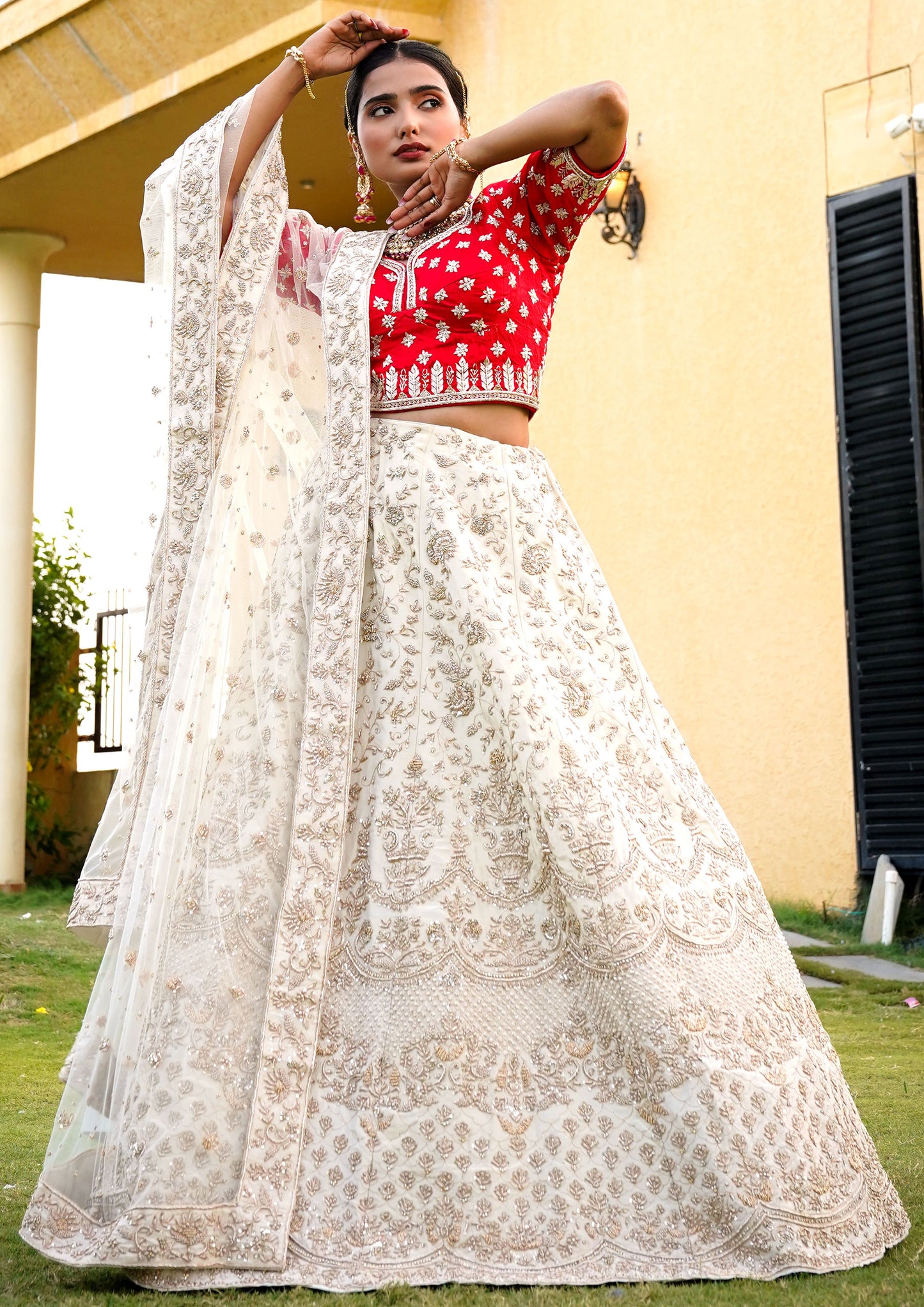 Off White Color Raw Silk Hand Work Bridal Lehenga