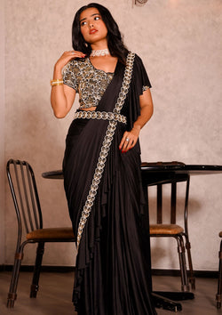 Black Color Crepe Silk Lace Border  Ready To Wear Saree