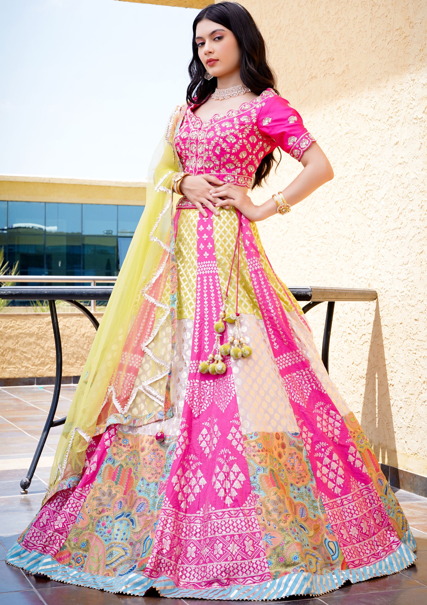 Yellow And Pink Color Banarasi Silk Lehenga Choli