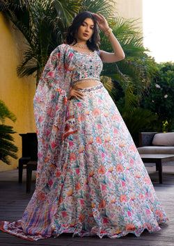 Multi Color Organza Digital Printed Lehenga