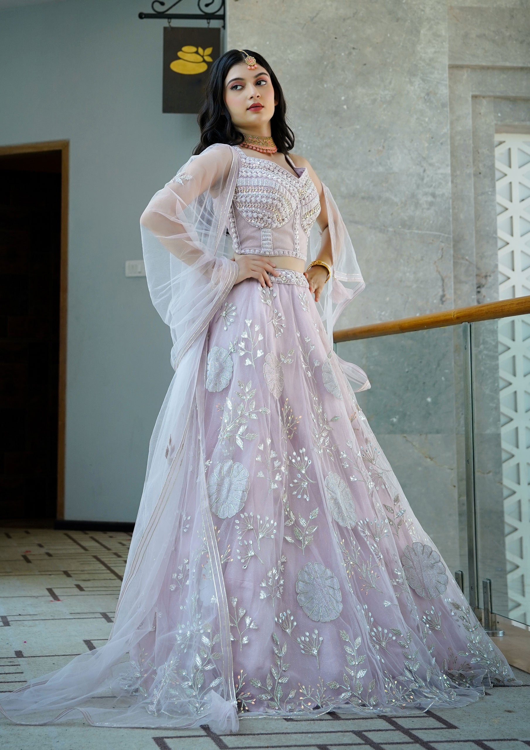 Light Purple Color Net Sequins Work Lehenga