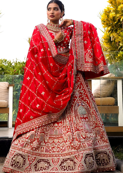 Designer Red Color Raw Silk Hand Work Lehenga Choli