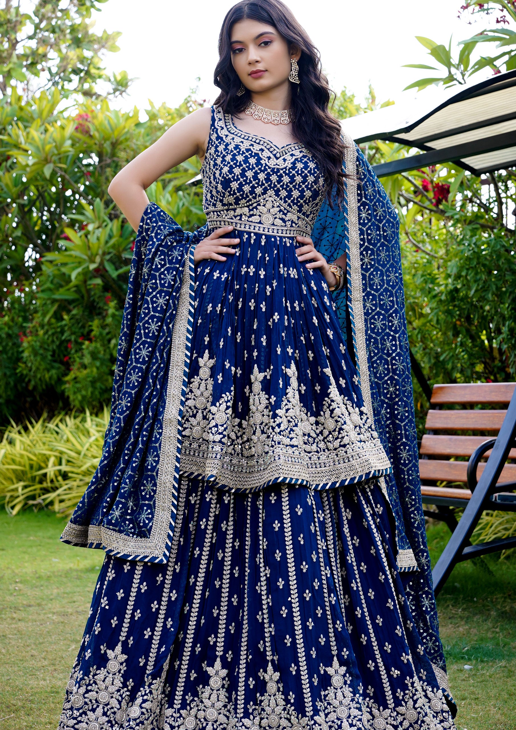 Blue Color Georgette Embroidered Lehenga With Peplum Top