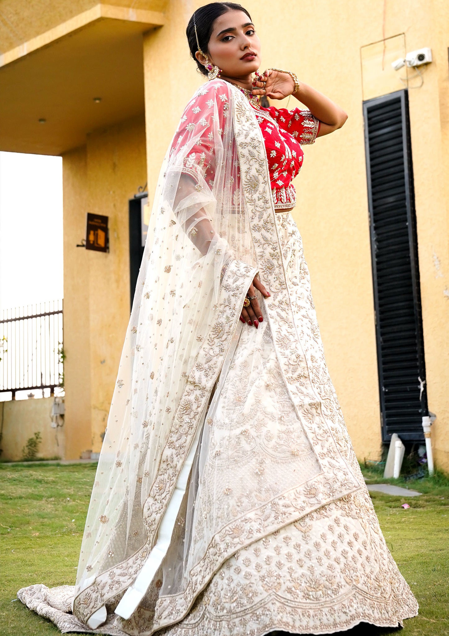 Off White Color Raw Silk Hand Work Bridal Lehenga