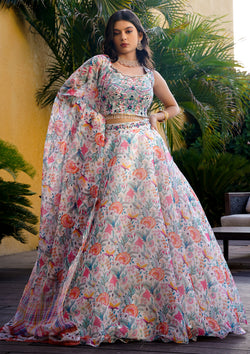 Multi Color Organza Digital Printed Lehenga