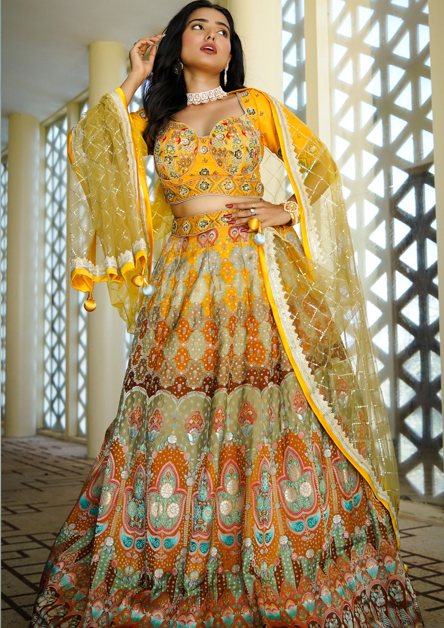 Mustard Color Banarasi Silk Printed Lehenga Choli