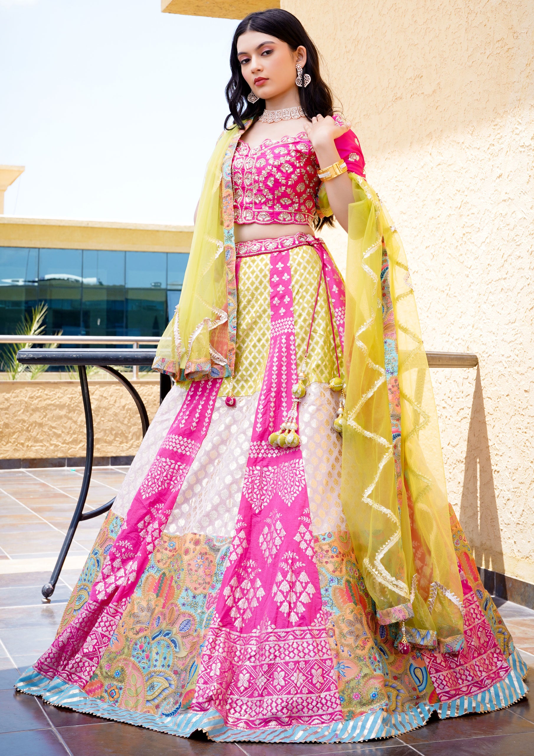 Yellow And Pink Color Banarasi Silk Lehenga Choli