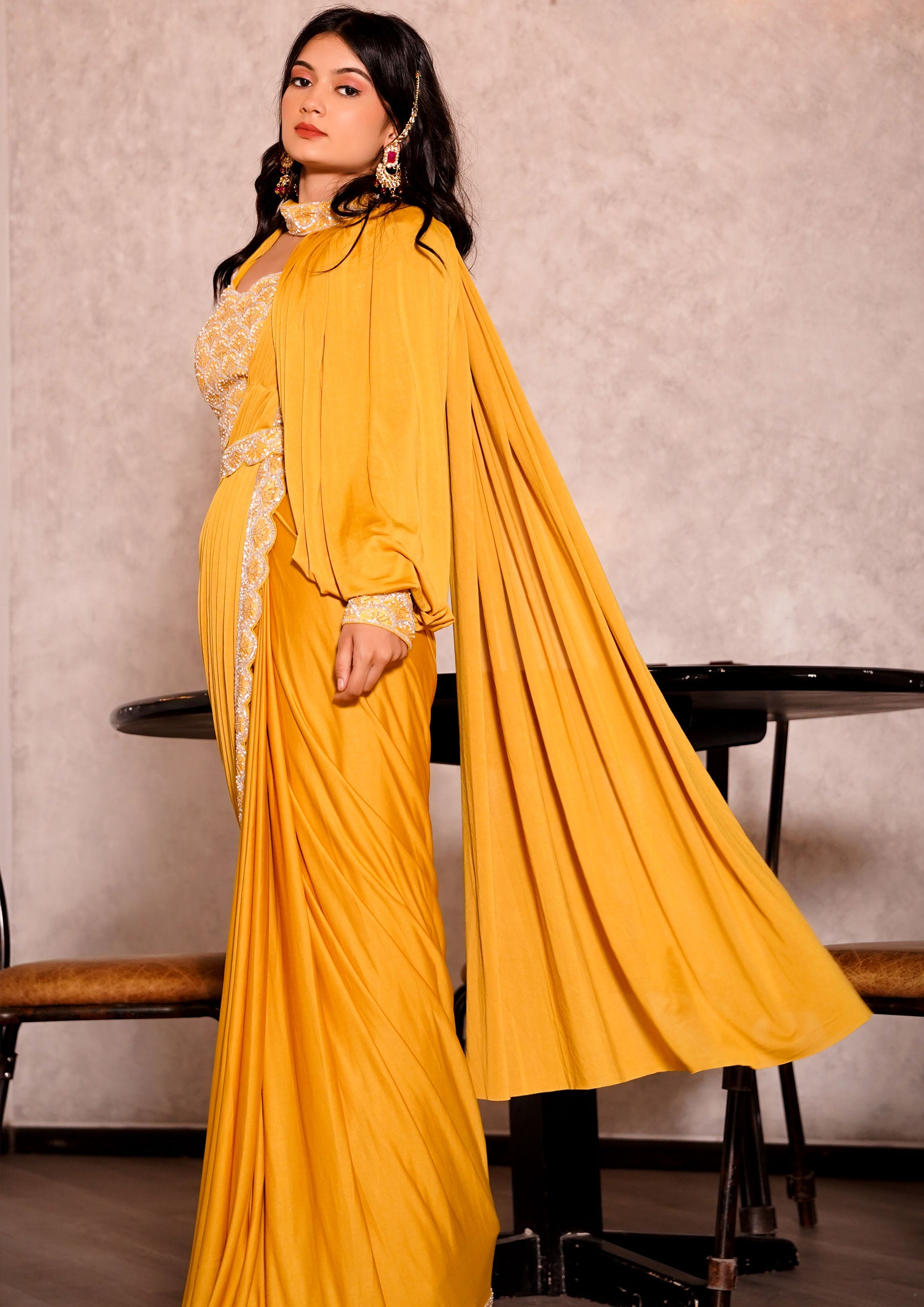 Designer Mustard Color Crepe Silk Hand Work Readymade Saree