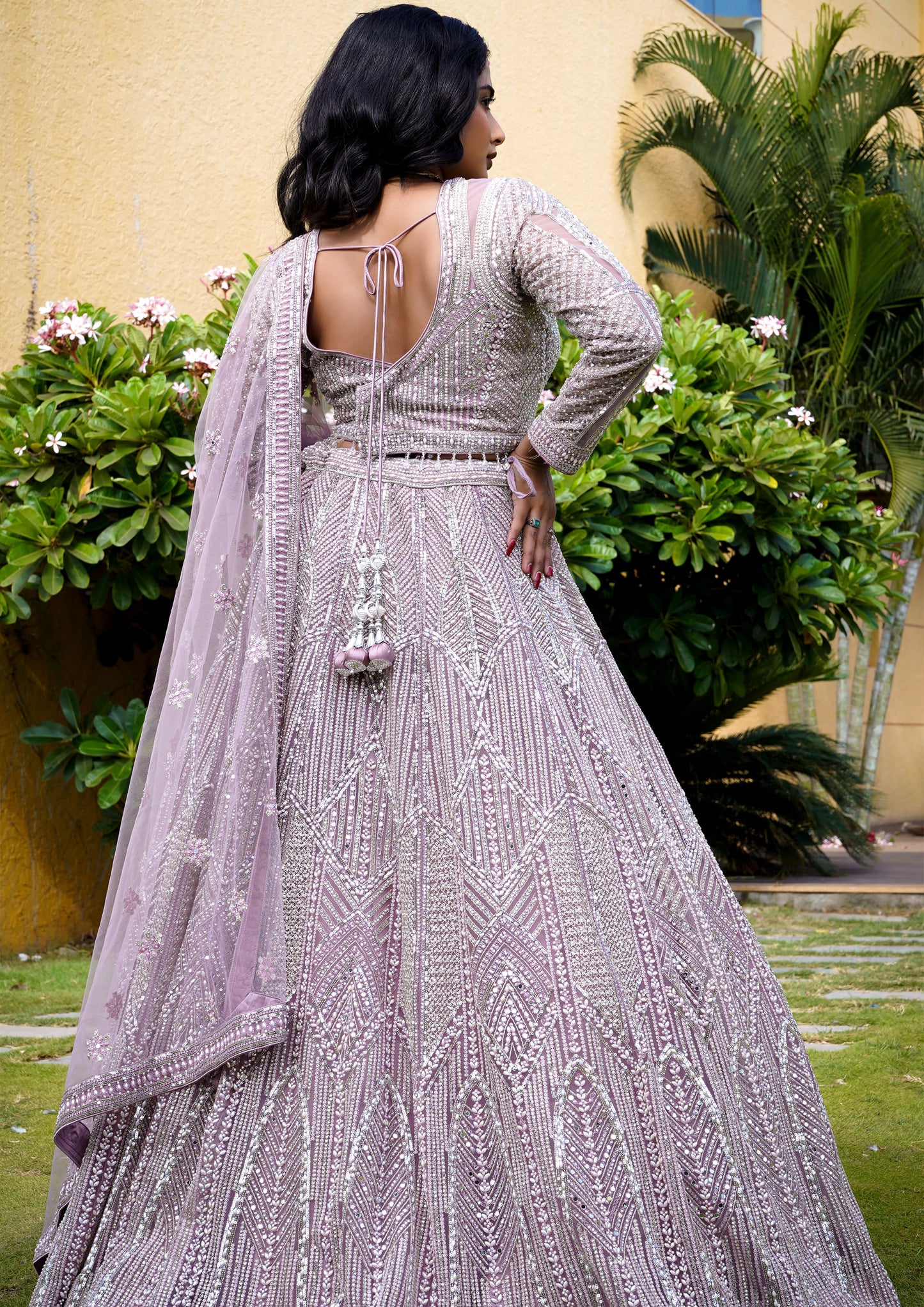 Lavender Color Net Sequins Work Lehenga For Wedding