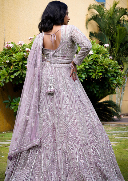 Lavender Color Net Sequins Work Lehenga For Wedding