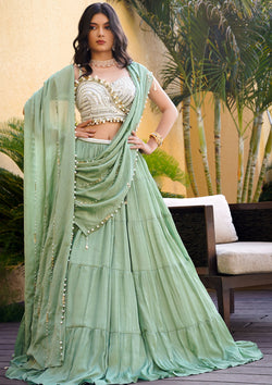 Pista Green Color Chinnon Stylish Lehenga Choli