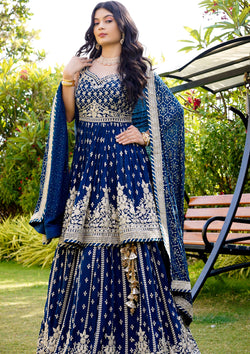 Blue Color Georgette Embroidered Lehenga With Peplum Top