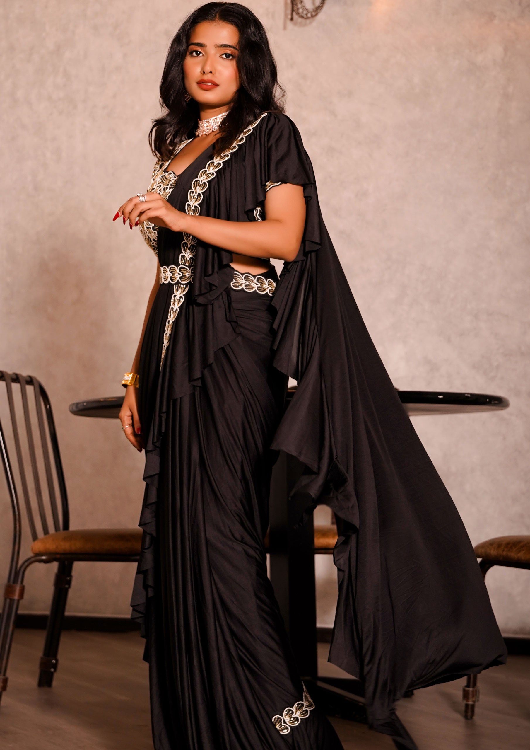 Black Color Crepe Silk Lace Border  Ready To Wear Saree