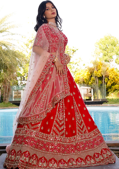 Latest Design Red Color Raw Silk Hand Work Lehenga For Bride