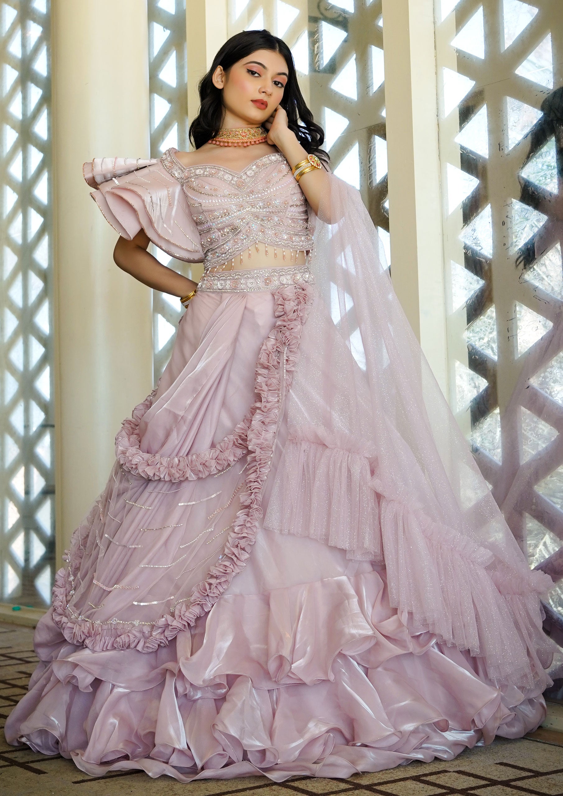 Designer Peach Color Organza Sangeet Wear Lehenga