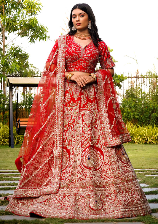 Classic Red Color Raw Silk Peacock Pattern Lehenga For Bride