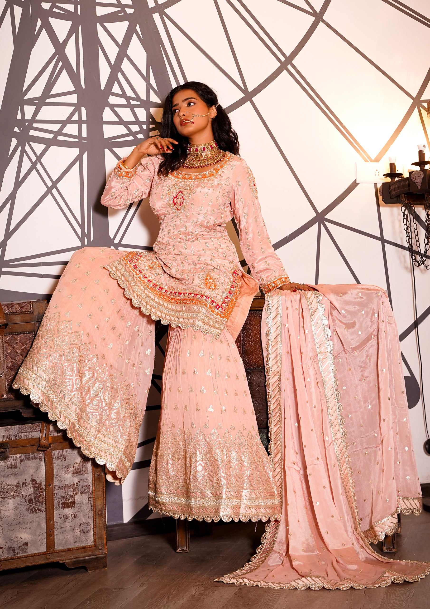 Peach Color Crepe Silk Heavy Work Sharara Suit