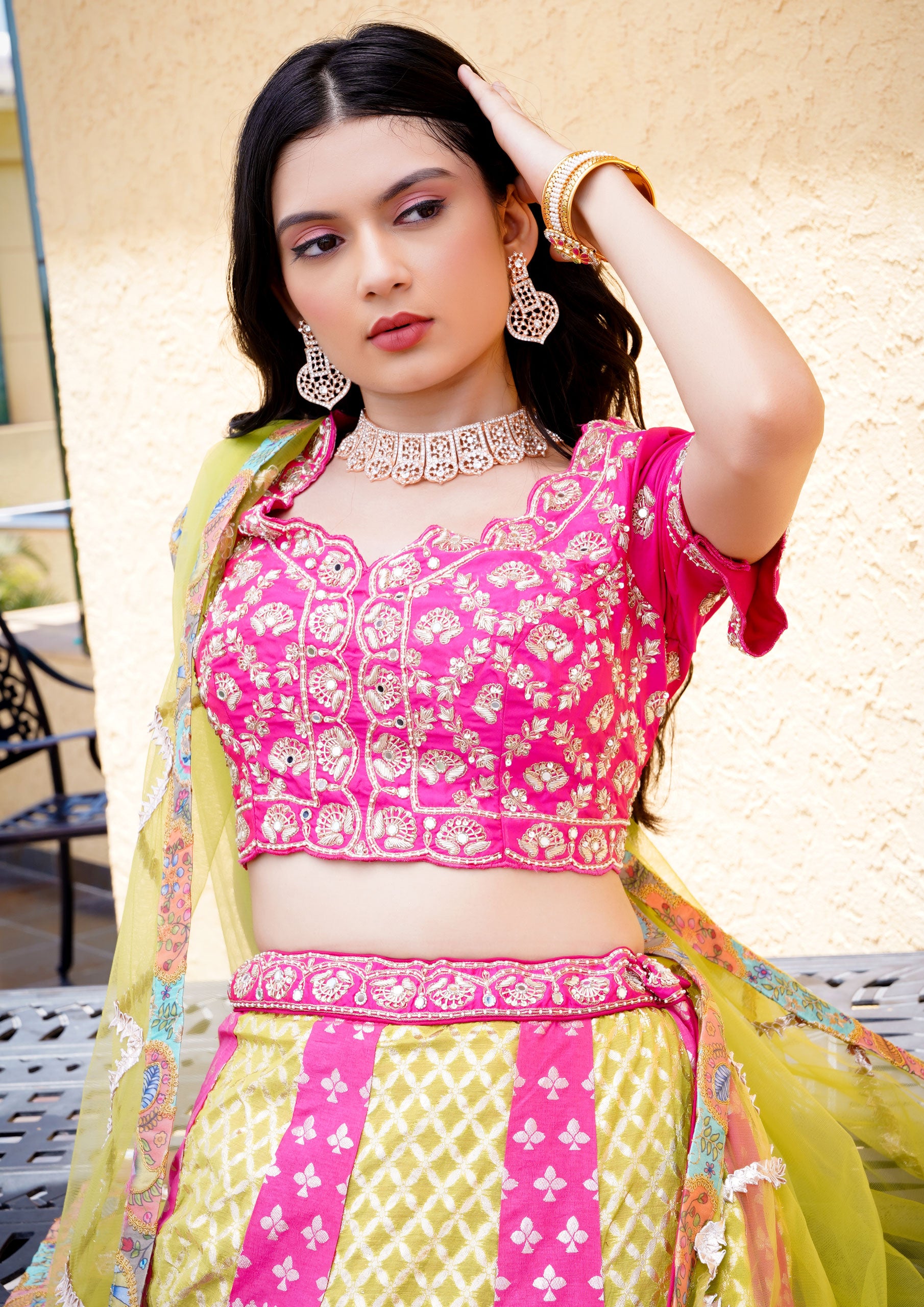 Yellow And Pink Color Banarasi Silk Lehenga Choli