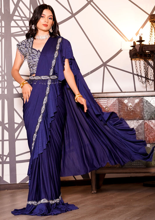 Royal Blue Color Crepe Silk Hand Work Readymade Saree