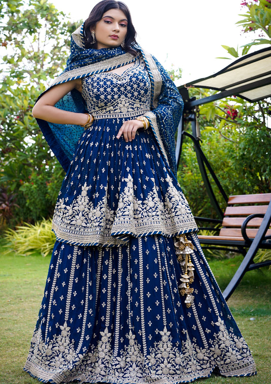 Blue Color Georgette Embroidered Lehenga With Peplum Top