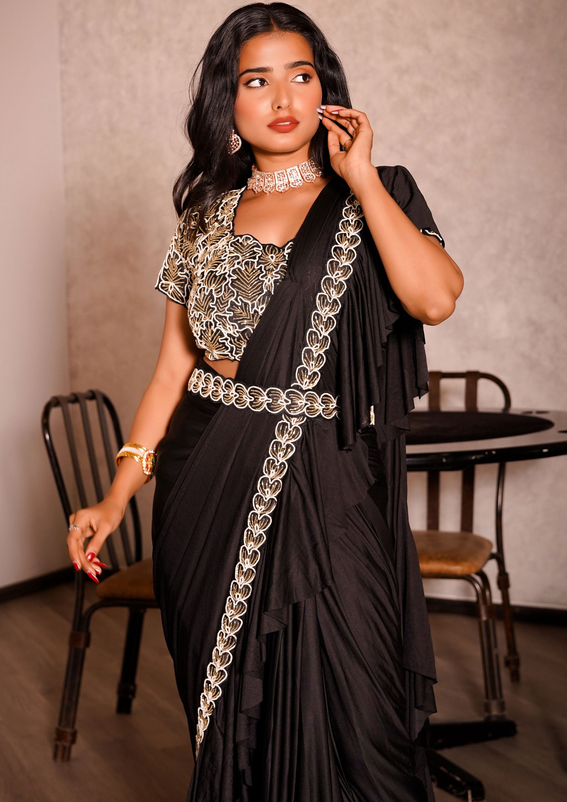 Black Color Crepe Silk Lace Border  Ready To Wear Saree