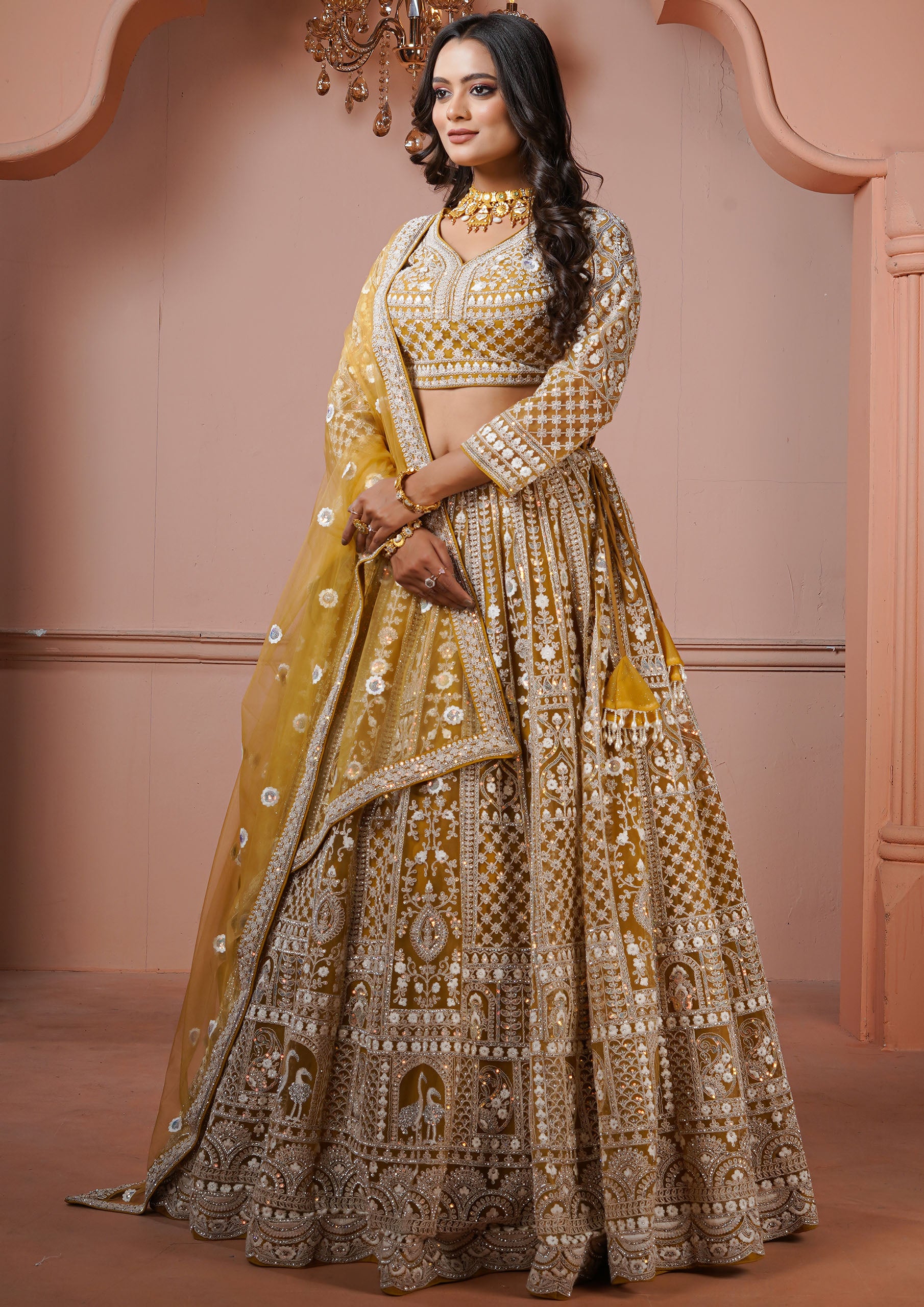 Mustard Yellow Net Embellished Lehenga Choli with Net Dupatta