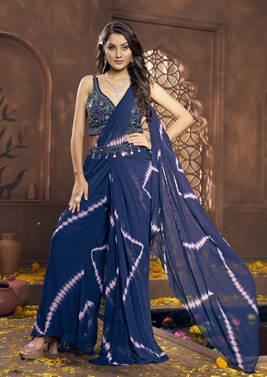 Blue Color Georgette Hand Work Palazzo Saree