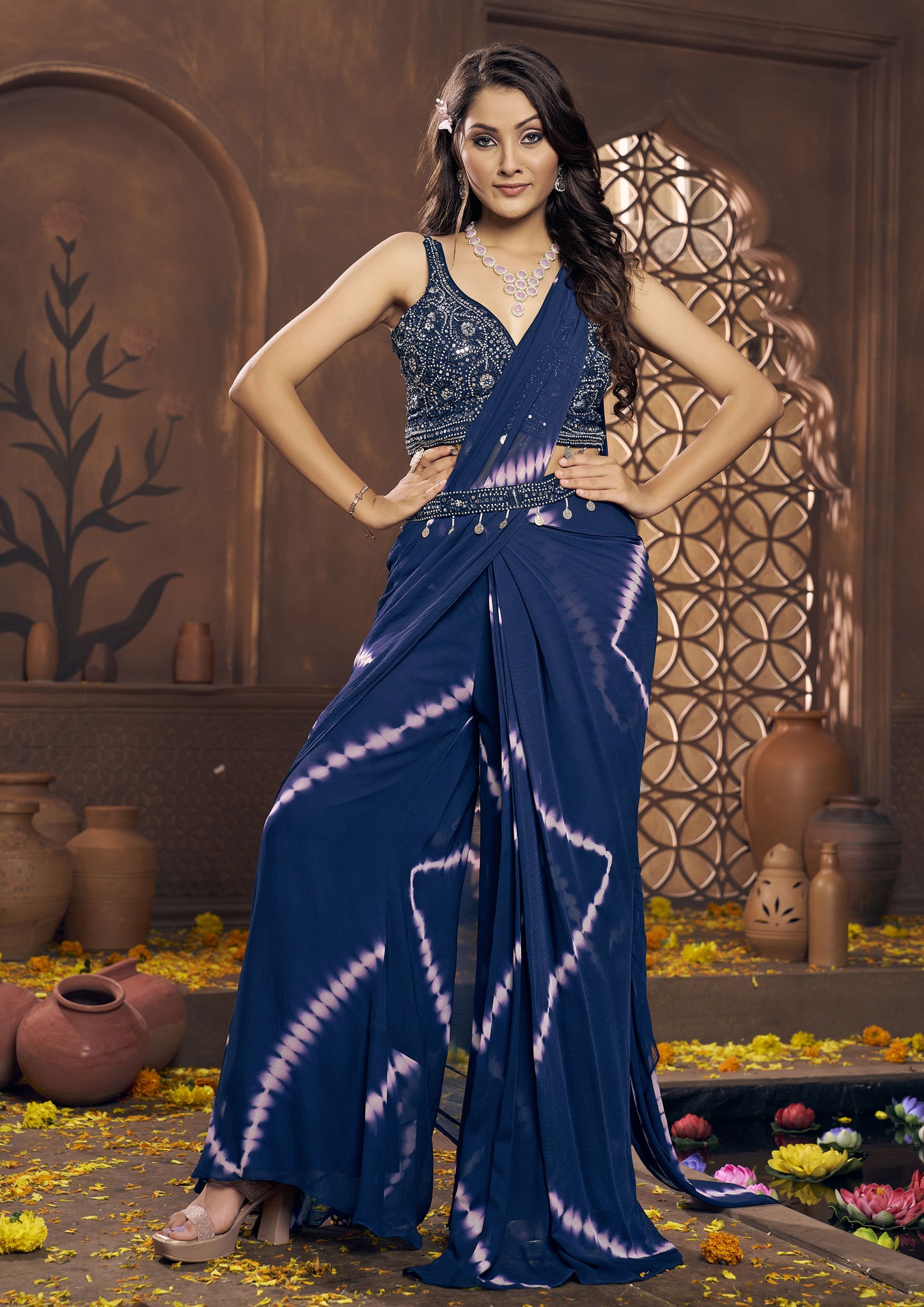 Blue Color Georgette Hand Work Palazzo Saree