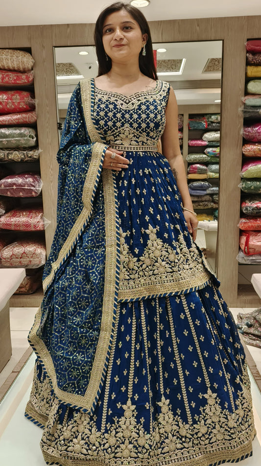 Navy Blue Color Georgette Kasap Work Lehenga With Top