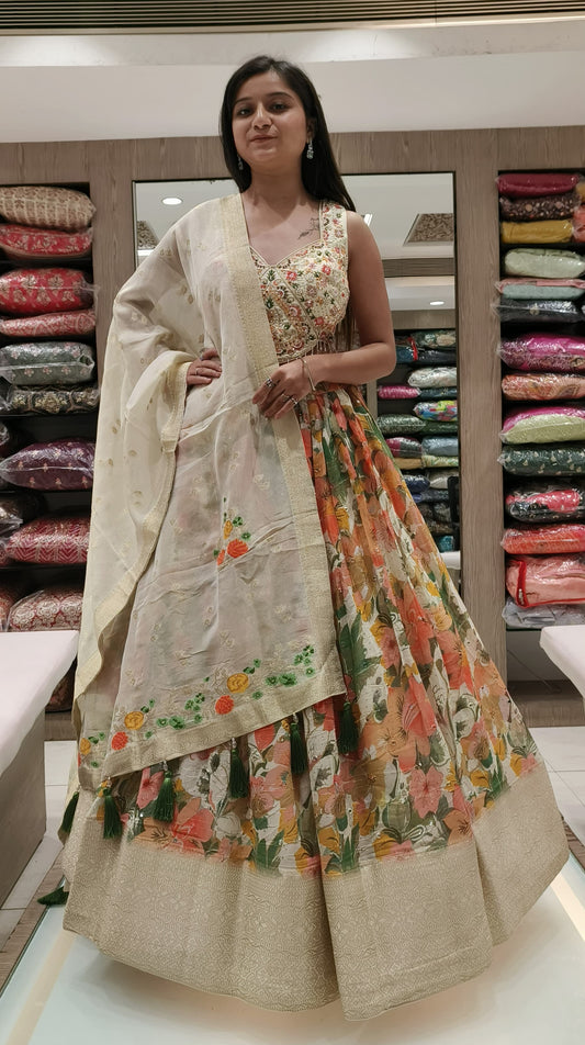 Multi Color Silk Floral Print Mirror Work Lehenga Choli