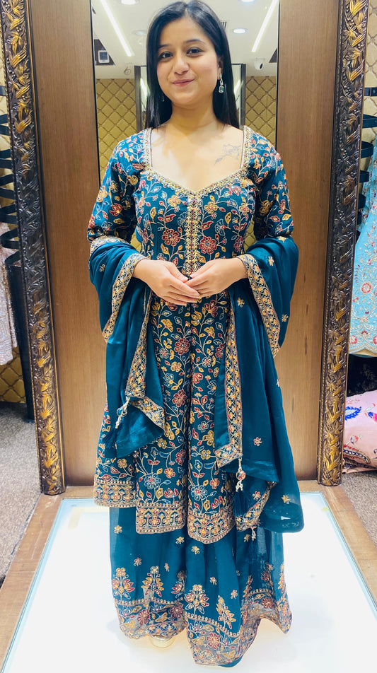 Teal Color Resham Work Chinnon Chiffon Gharara Suit