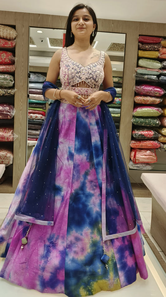 Multi Color Tie & Dye Raw Silk Hand Work Lehenga Choli