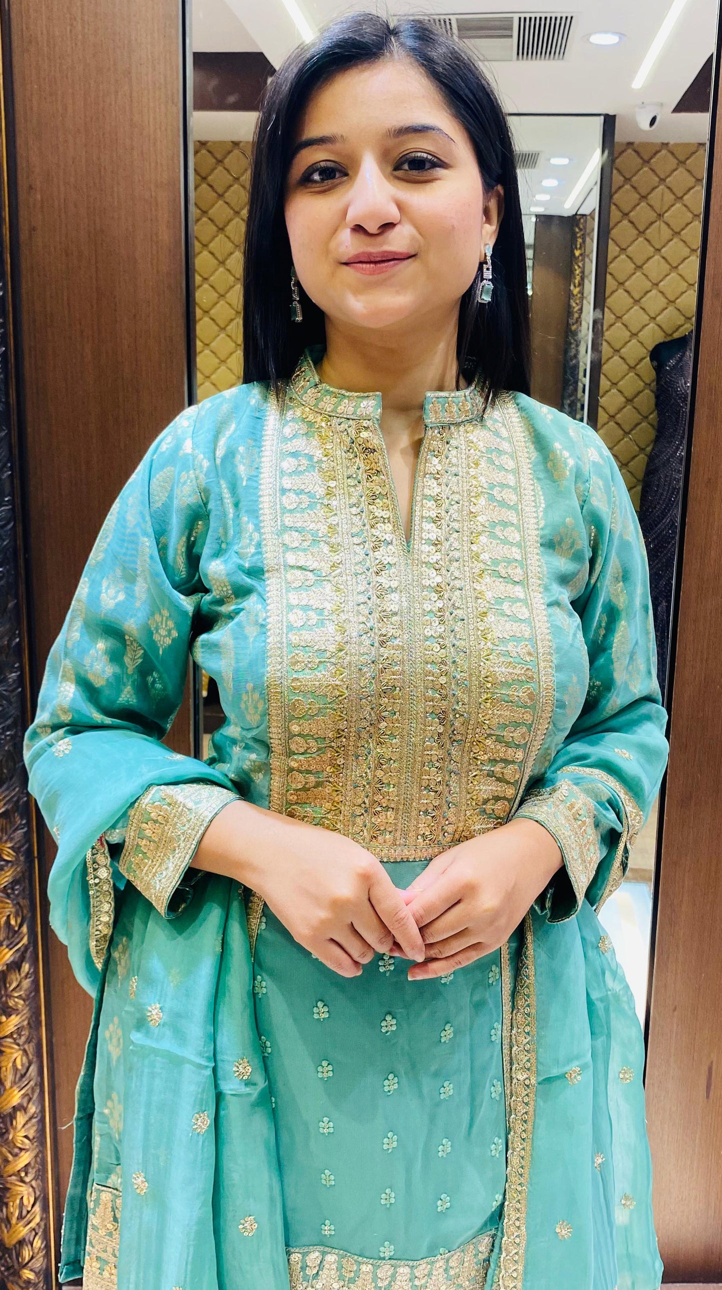 Sea Green Color Banarasi Silk Gharara Suit