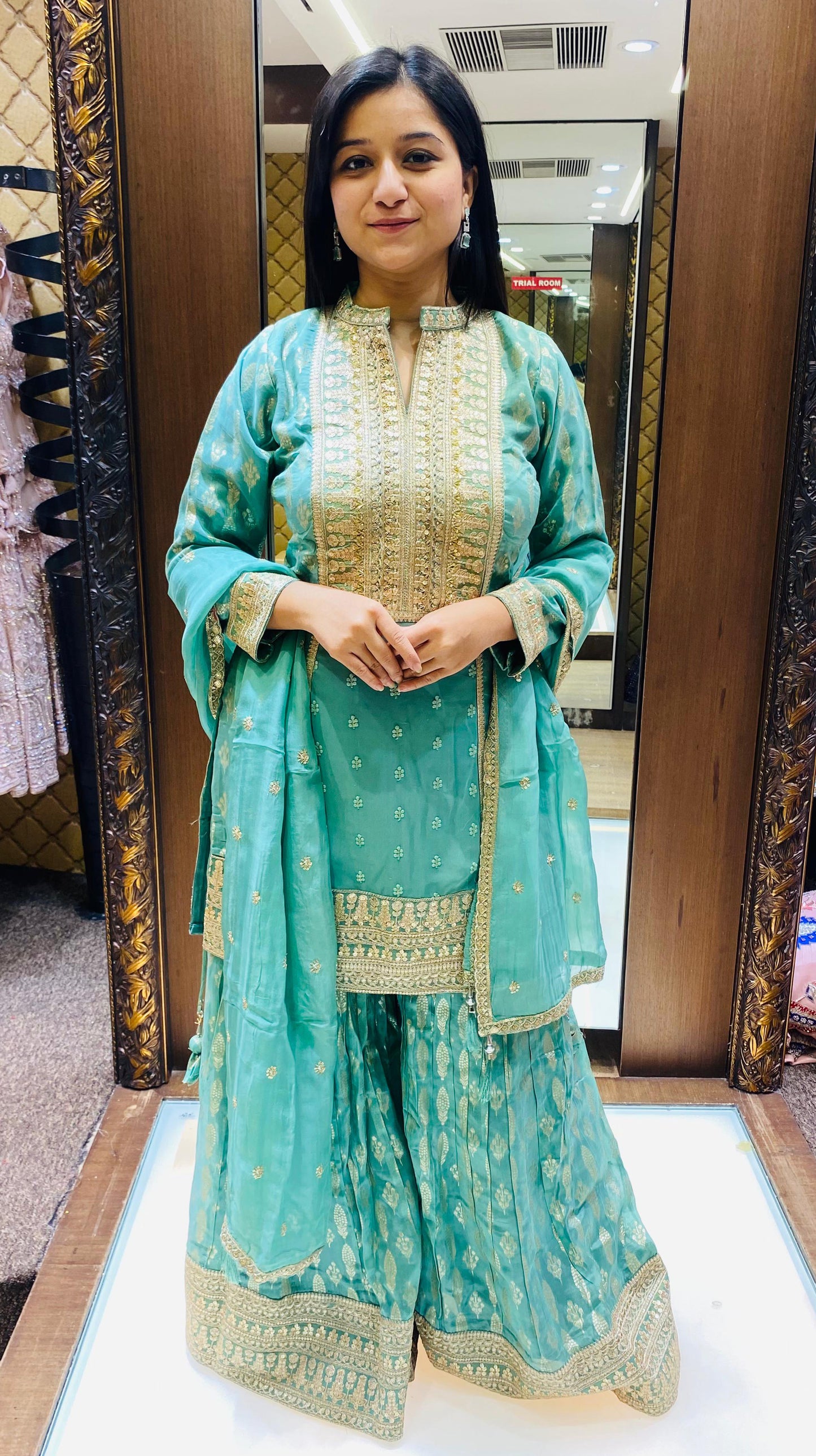 Sea Green Color Banarasi Silk Gharara Suit